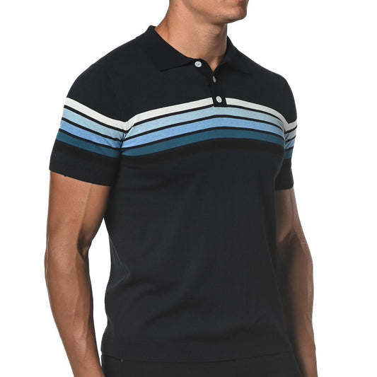 Blue/Navy Retro Stripe Knit Polo Shirt by Postmarc