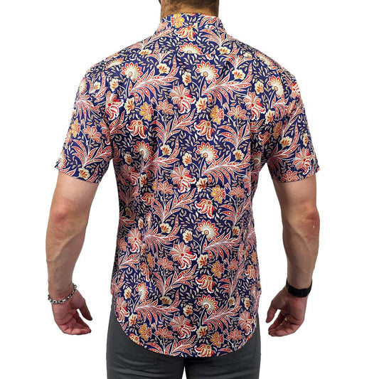 Fire Flower Floral Stretch Cotton Short Sleeve Button Down Shirt