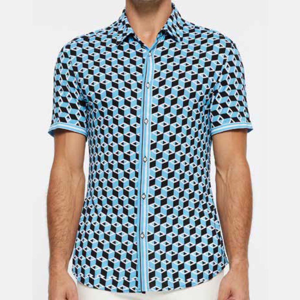 Slate/Blue Cubes Stretch Nylon Performance Stretch Short Sleeve Shirt by Postmarc