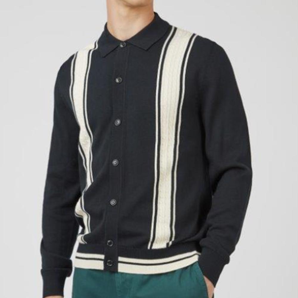 Black Mod Striped Long-Sleeve Cable Knit Polo by Ben Sherman