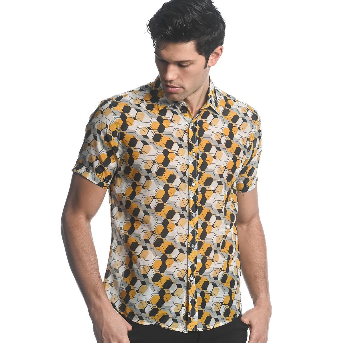 Gold/Charcoal Cells Silk/Cotton Short Sleeve Shirt by Postmarc