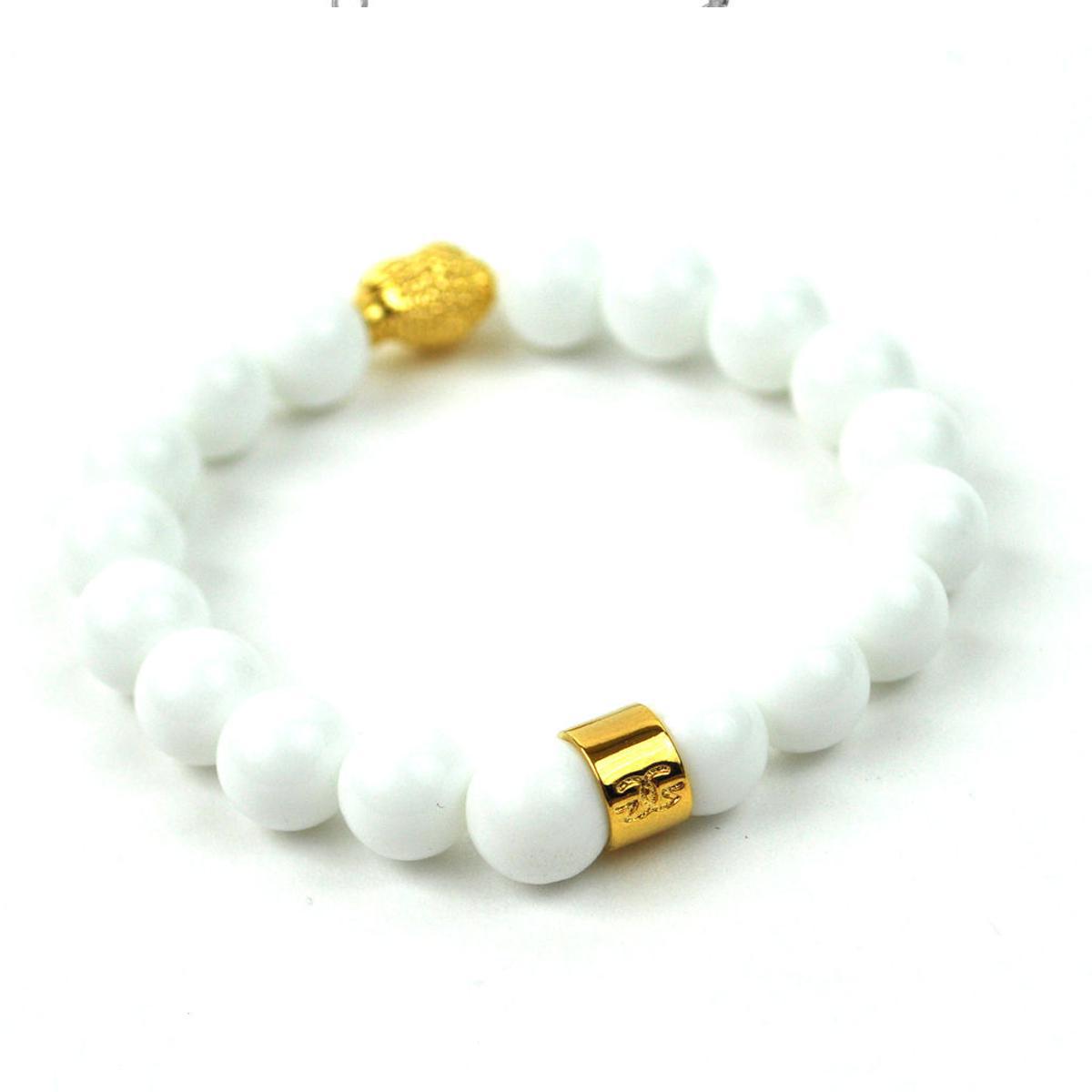 Glossy White Buddha Beaded 8" Bracelet by Gold Gods