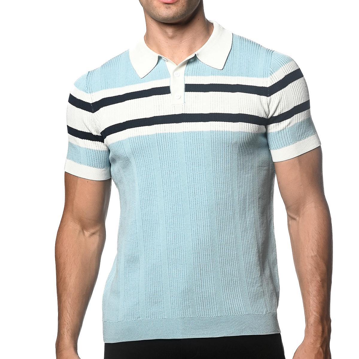 Blue Smoke Silk/Tencel Striped Knitted Polo by Postmarc