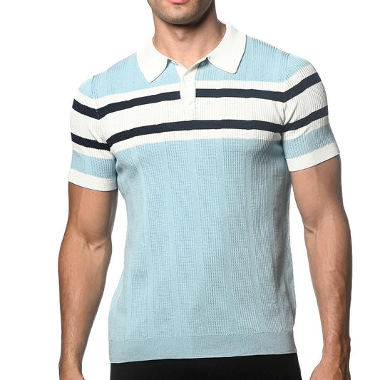 Blue Smoke Silk/Tencel Striped Knitted Polo by Postmarc