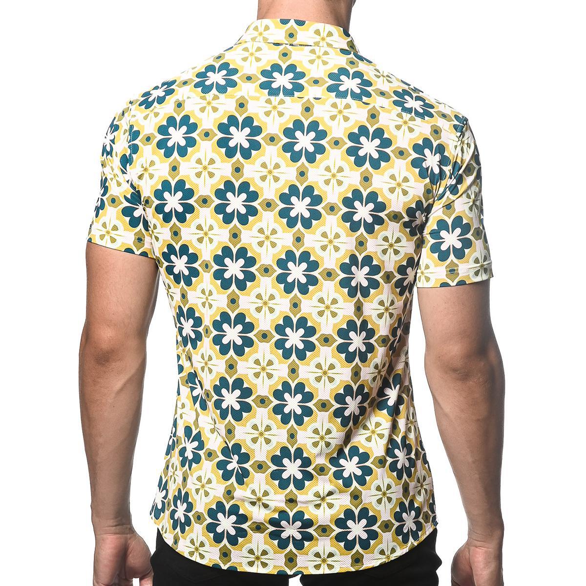 Teal/Citrus Floral Tiles Performance Stretch Short Sleeve Shirt by Postmarc