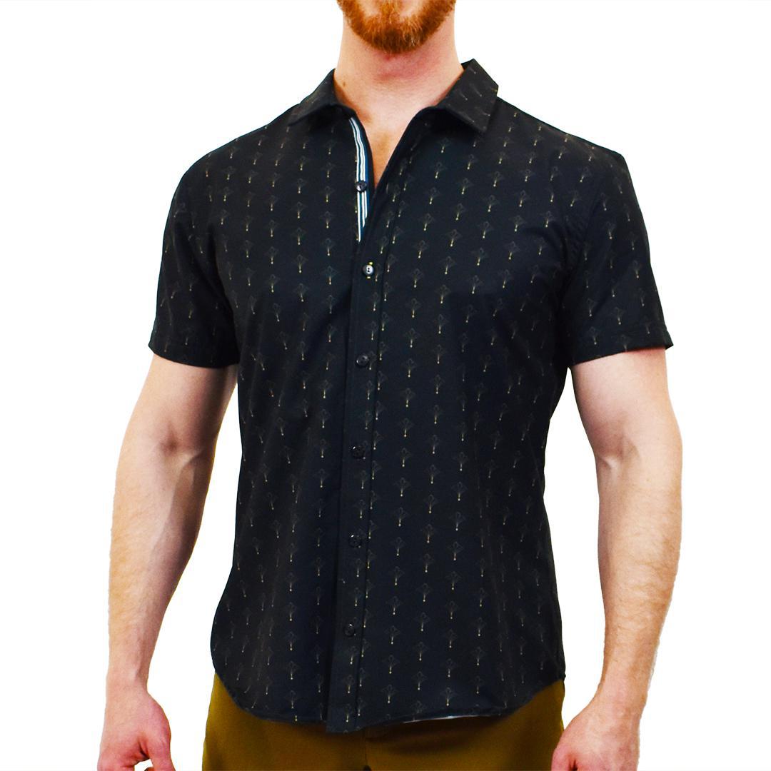 Art Deco Black/Gold Patterned Slim Fit Style Stretch Short Sleeve Shirt by Assassin Menswear
