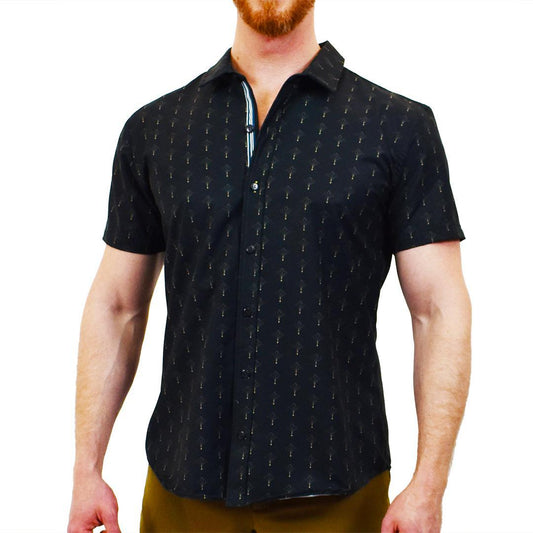 Art Deco Black/Gold Patterned Slim Fit Style Stretch Short Sleeve Shirt by Assassin Menswear