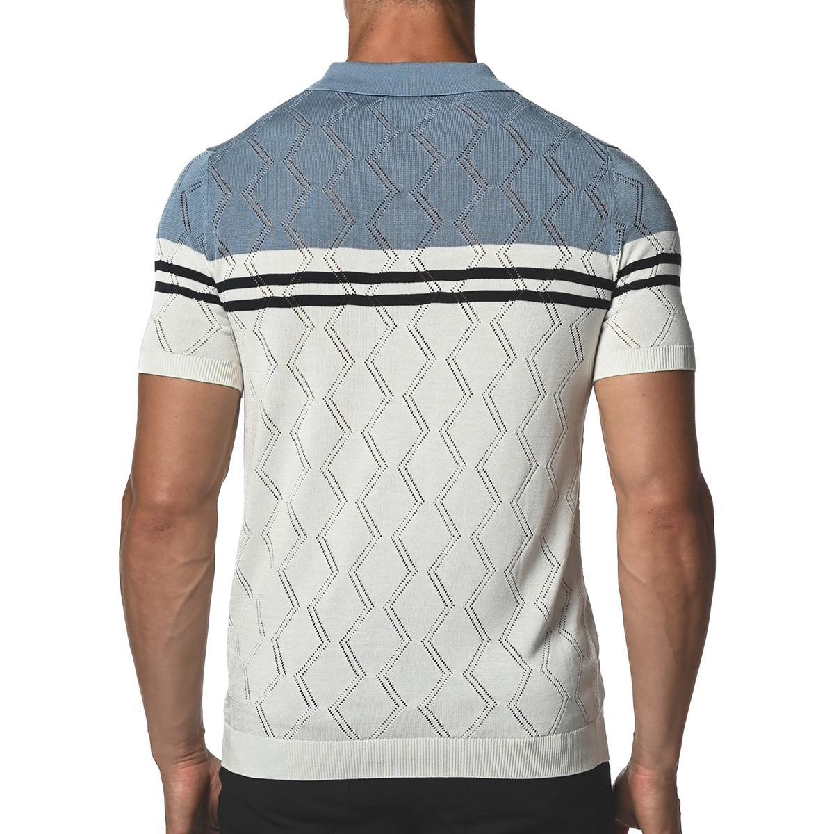 Slate Blue/Navy Zigzag Stripe Silk and Tencel Knit Polo Shirt by Postmarc
