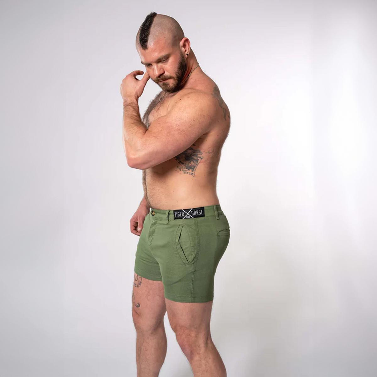 Jungle Green 4" Inseam Stretch Cotton Finn Shorts by TigerXHorse Denim