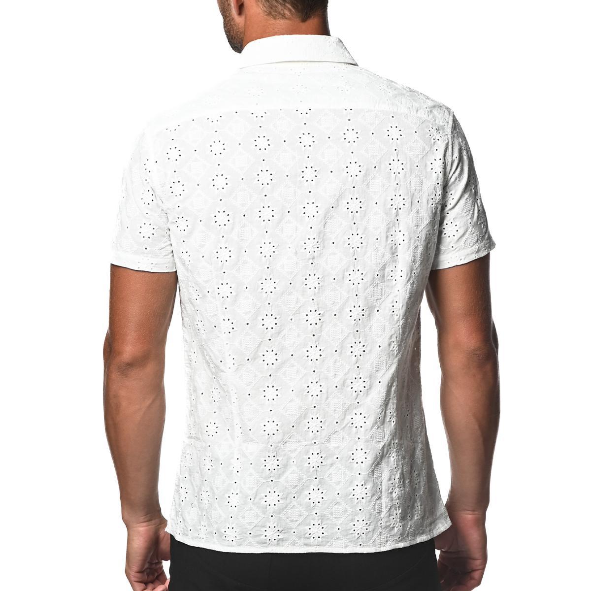 White Cotton Eyelet Woven Short Sleeve Shirt by Postmarc