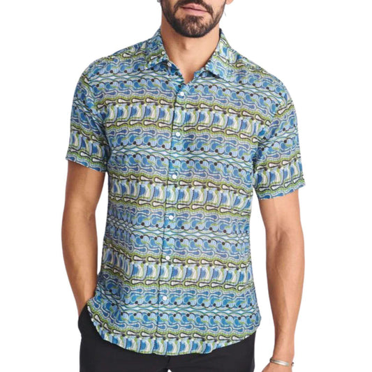 Cobalt/Olive Swirls Printed Lightweight Cotton/Silk Short Sleeve Shirt by Postmarc
