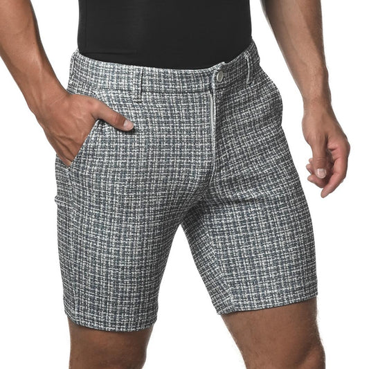 Grey Micro Check 8" Inseam Stretch Knit Shorts by Postmarc