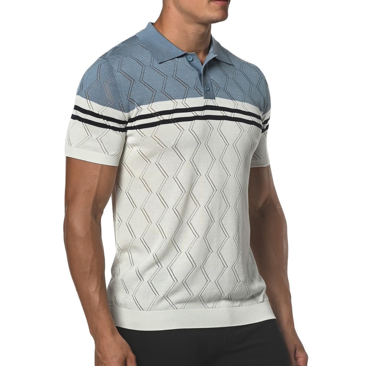 Slate Blue/Navy Zigzag Stripe Silk and Tencel Knit Polo Shirt by Postmarc