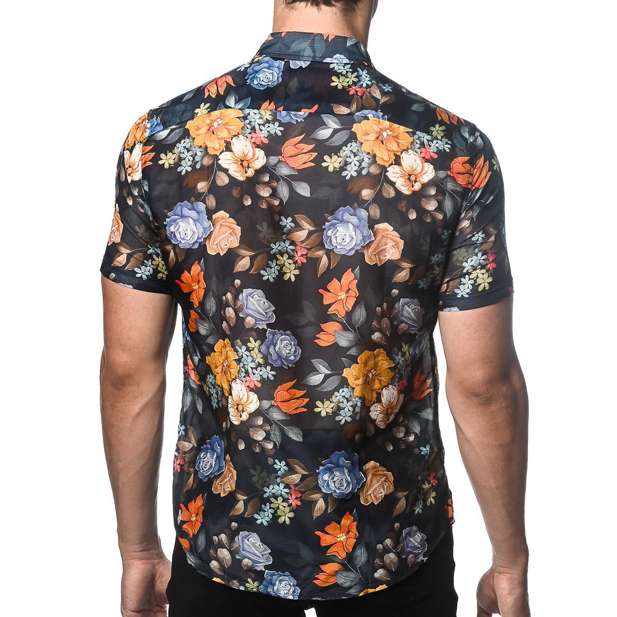 Navy/Gold Blooms Cotton/Silk Short Sleeve Shirt by Postmarc
