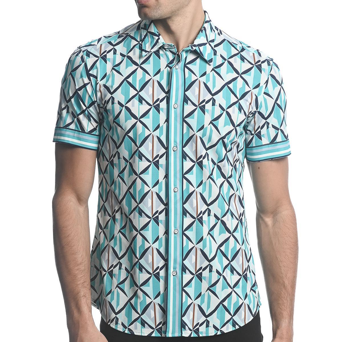 Teal/Navy X-Mosaic Performance Stretch Short Sleeve Shirt by Postmarc