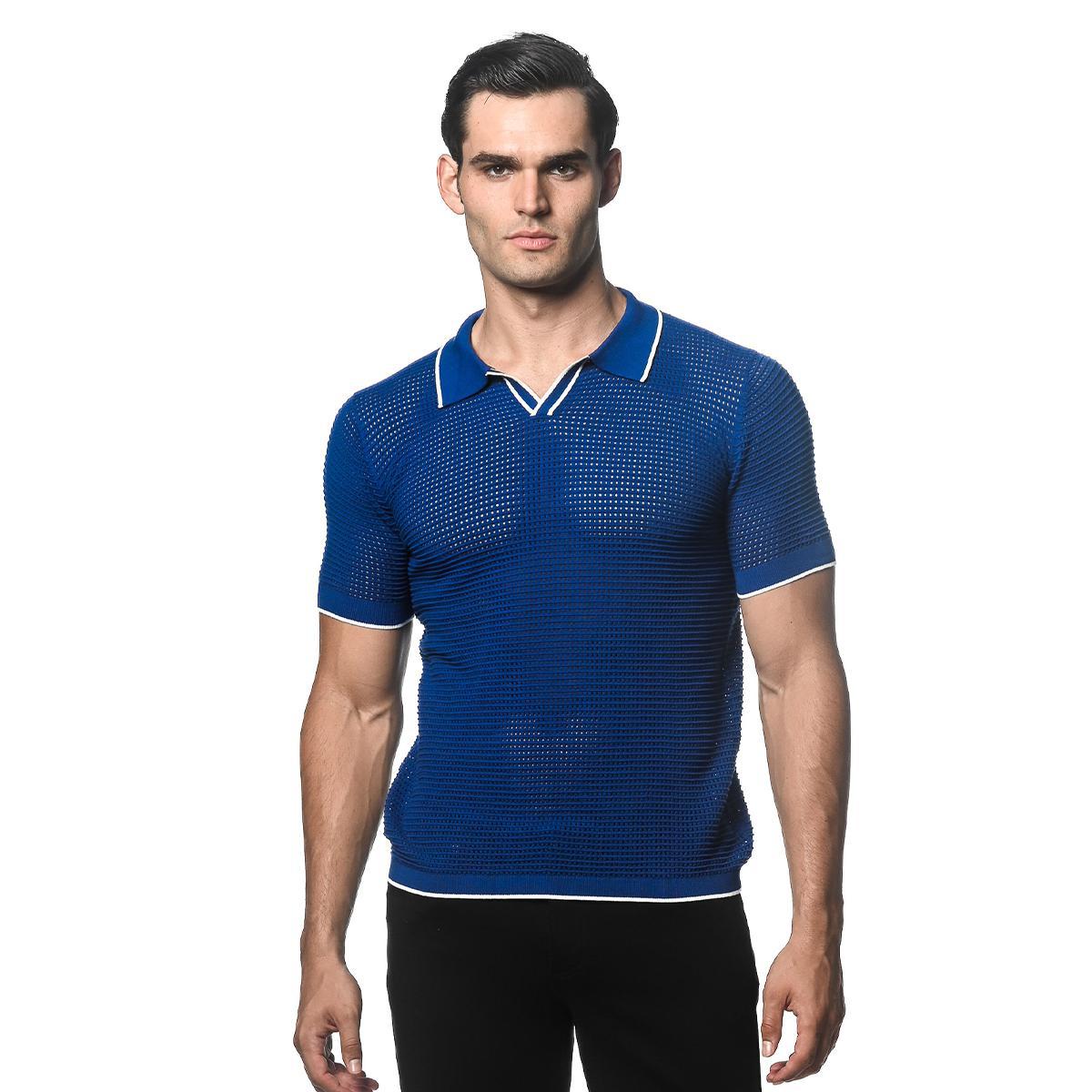 Cobalt/White Textured Johnny Collar Mesh Knitted Polo by Postmarc