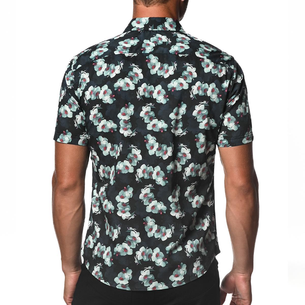 Midnight Blue Orchids Floral Cotton and Tencel Short Sleeve Shirt by Postmarc