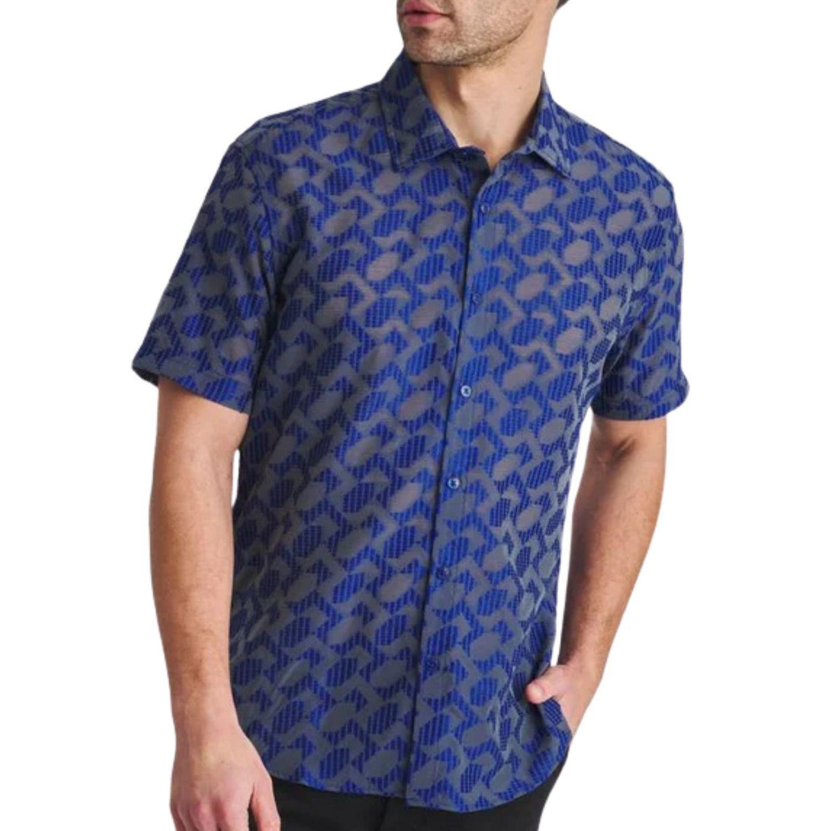Navy Lightweight Rhombus Jacquard Woven Short Sleeve Shirt by Postmarc
