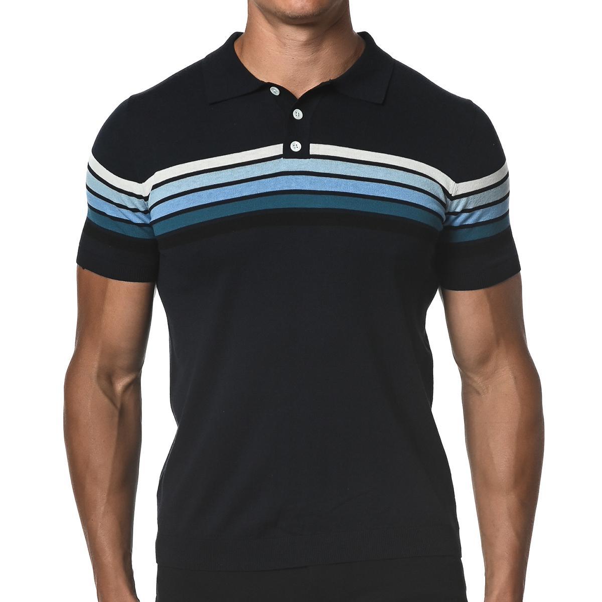 Blue/Navy Retro Stripe Knit Polo Shirt by Postmarc