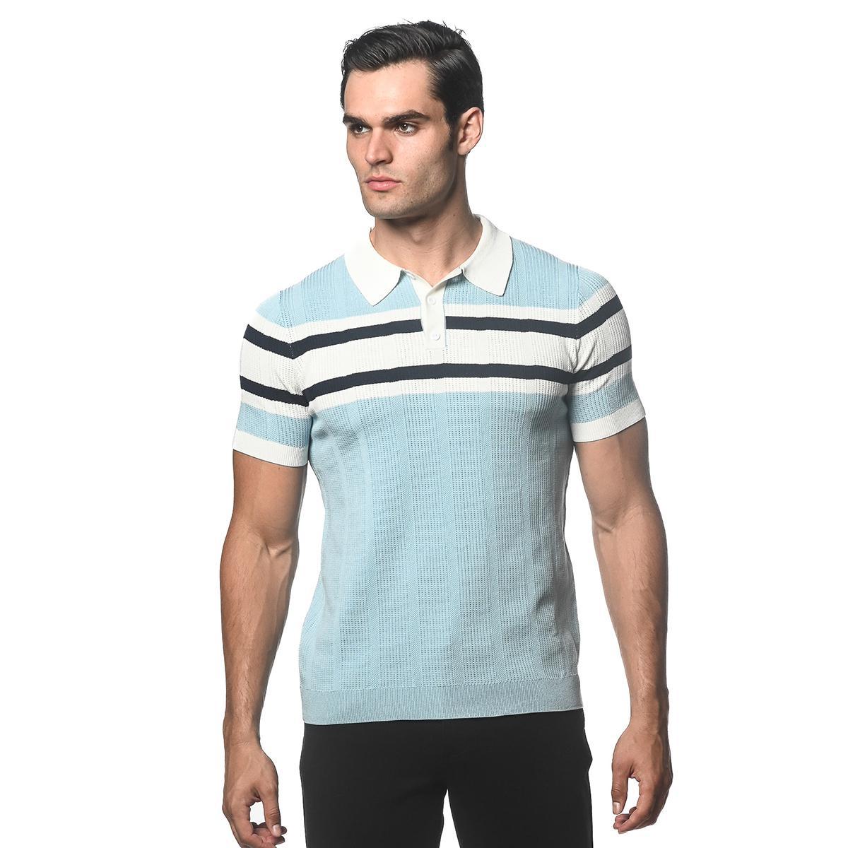 Blue Smoke Silk/Tencel Striped Knitted Polo by Postmarc