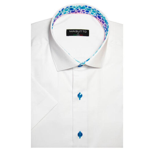 Luigi White Solid Color Cotton Short Sleeve Shirt by Masutto