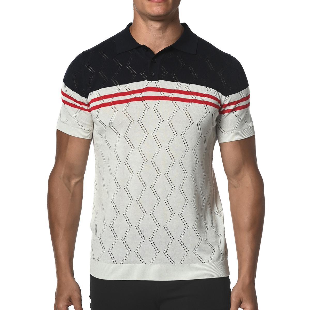 Navy/Red Zigzag Stripe Silk and Tencel Knit Polo Shirt by Postmarc