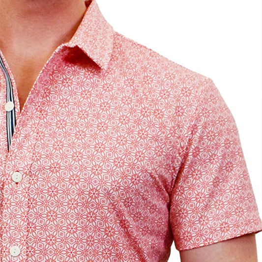 Mandala Coral/White Patterned Slim Fit Style Stretch Short Sleeve Shirt by Assassin Menswear