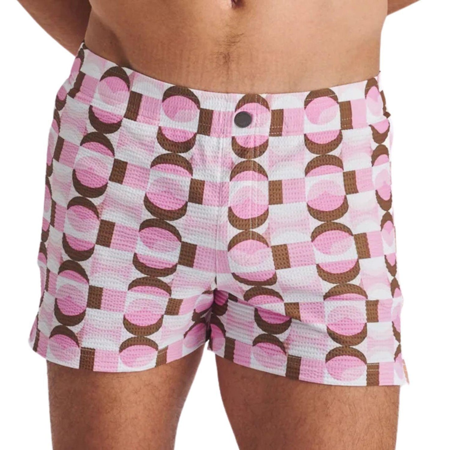 Pink/Olive Retro Seersucker Printed Swim Shorts w/ Mesh Lining by Postmarc