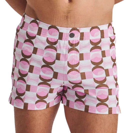 Pink/Olive Retro Seersucker Printed Swim Shorts w/ Mesh Lining by Postmarc