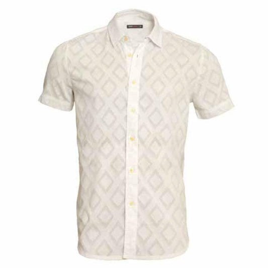 White Rhombus Cotton Jacquard Short Sleeve Shirt by Postmarc