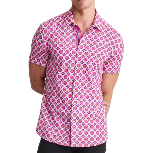 Pink/Blush Circles Printed Performance Short Sleeve Shirt w/ Contrast Placket by Postmarc