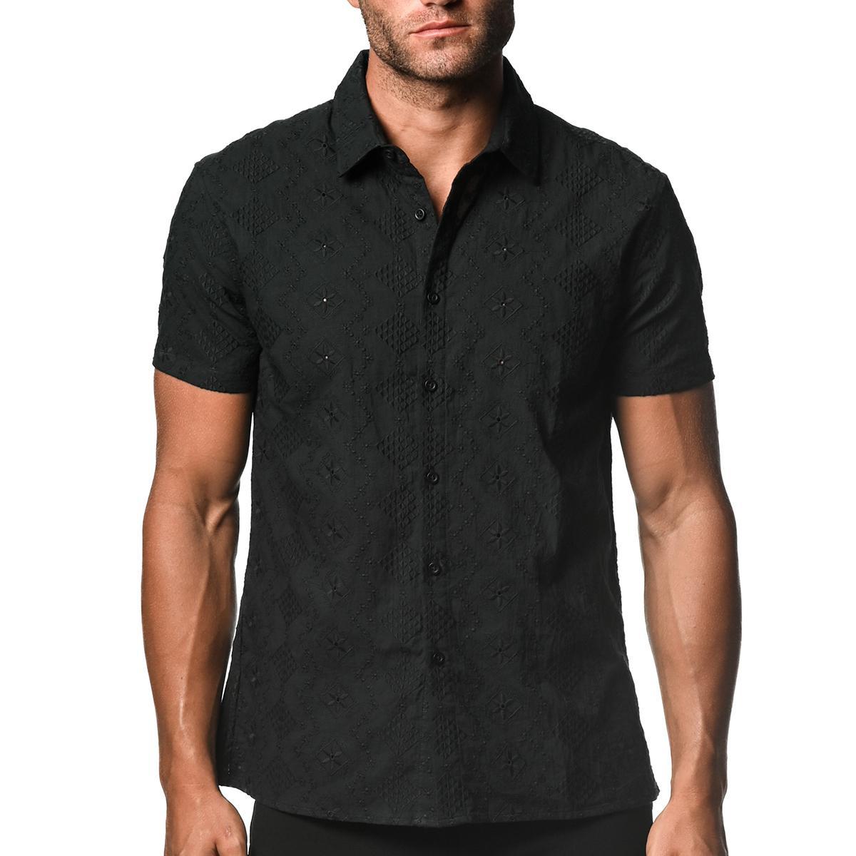 Black Cotton Eyelet Woven Short Sleeve Shirt by Postmarc