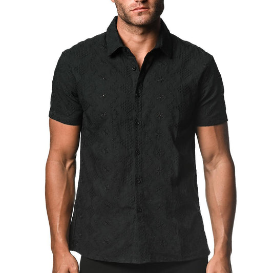 Black Cotton Eyelet Woven Short Sleeve Shirt by Postmarc