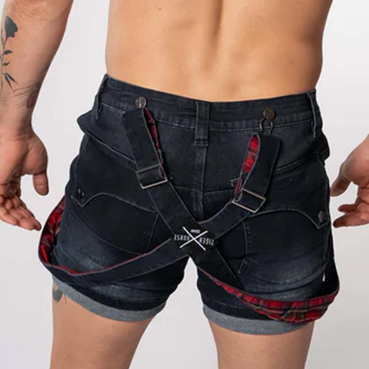 Dark Brushed Denim Homar Shorts with Tartan Fashion Straps by TigerXHorse Denim