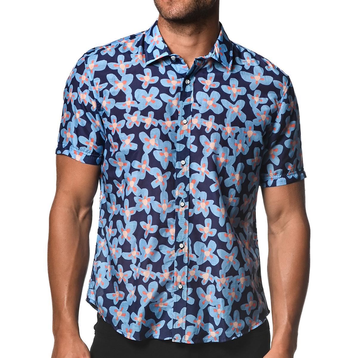 Blue/Navy Floral Cotton and Silk Short Sleeve Shirt by Postmarc