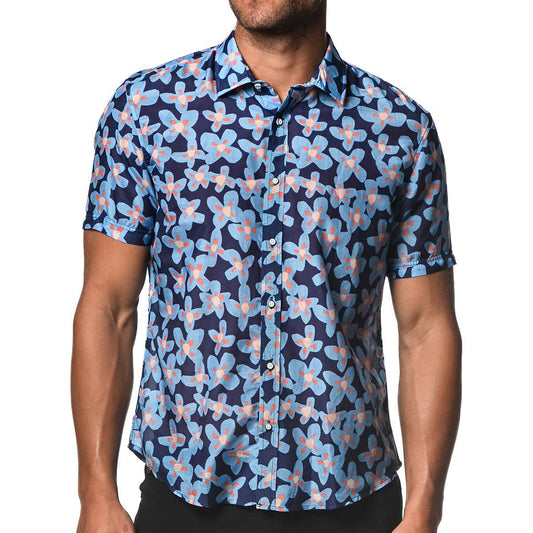 Blue/Navy Floral Cotton and Silk Short Sleeve Shirt by Postmarc
