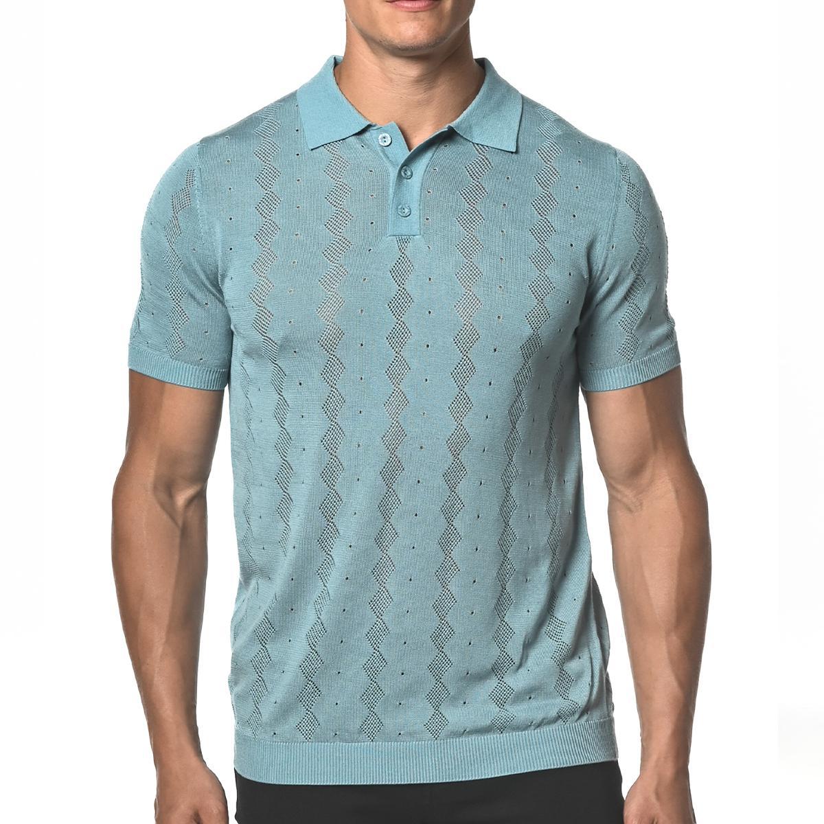 Blue Stone Diamond Argyle Silk and Tencel Mesh Knit Polo Shirt by Postmarc