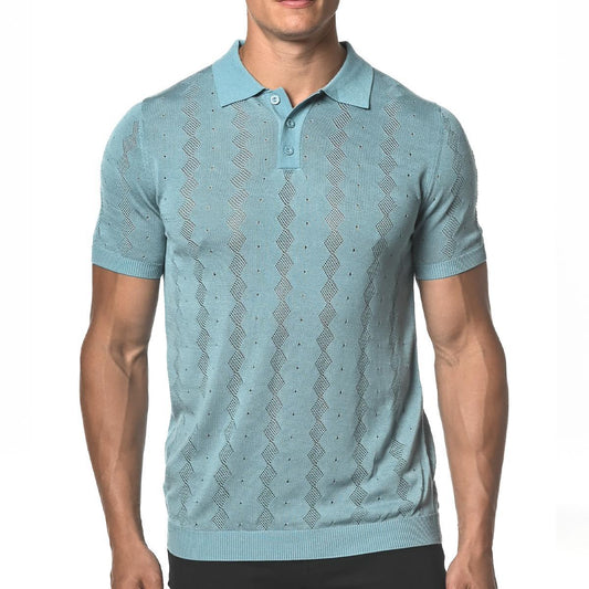 Blue Stone Diamond Argyle Silk and Tencel Mesh Knit Polo Shirt by Postmarc