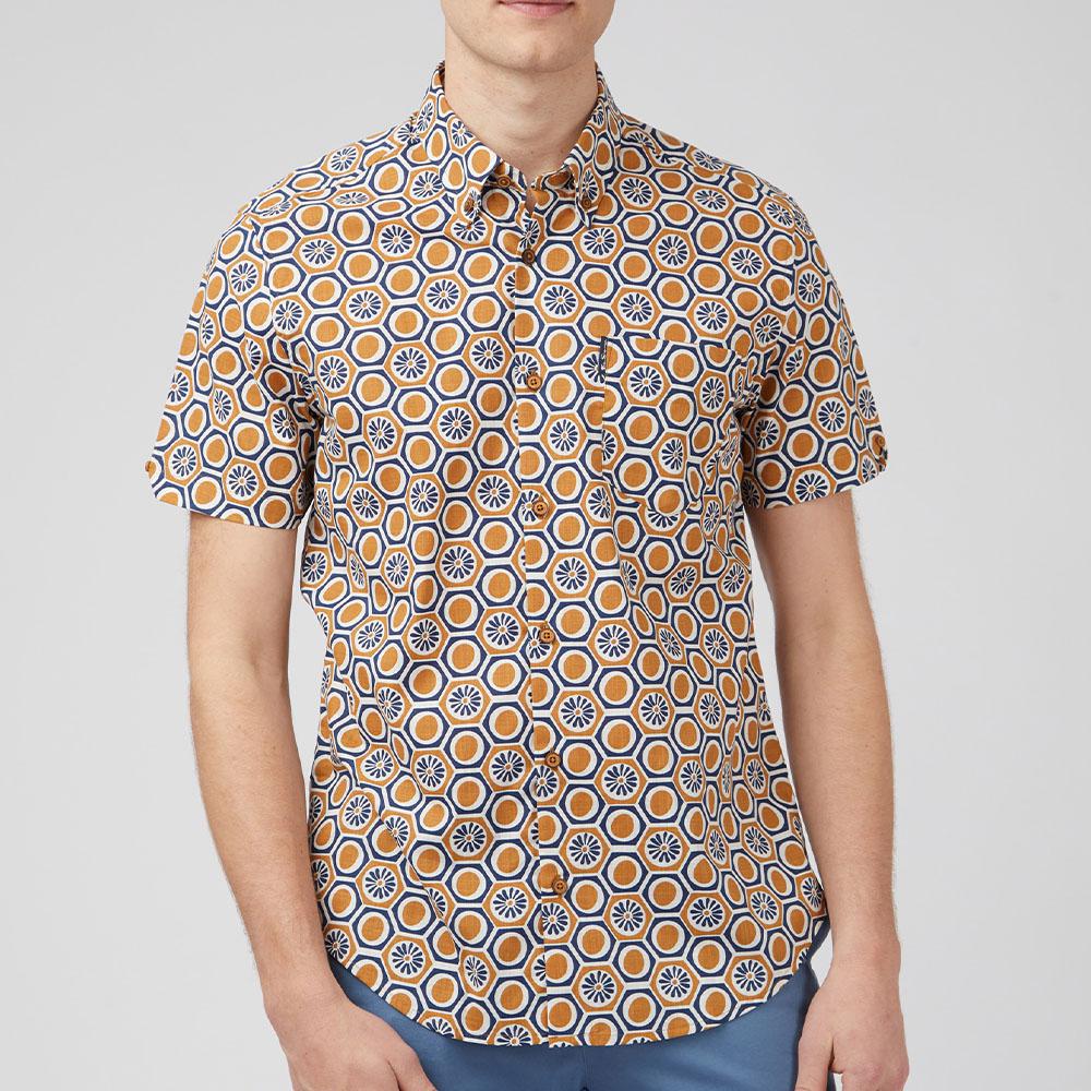 Retro Navy/Tan Floral Print Short Sleeve Shirt by Ben Sherman