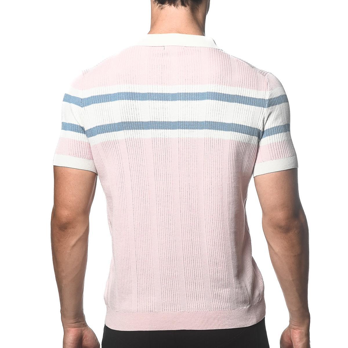 Mist Pink Silk/Tencel Striped Knitted Polo by Postmarc