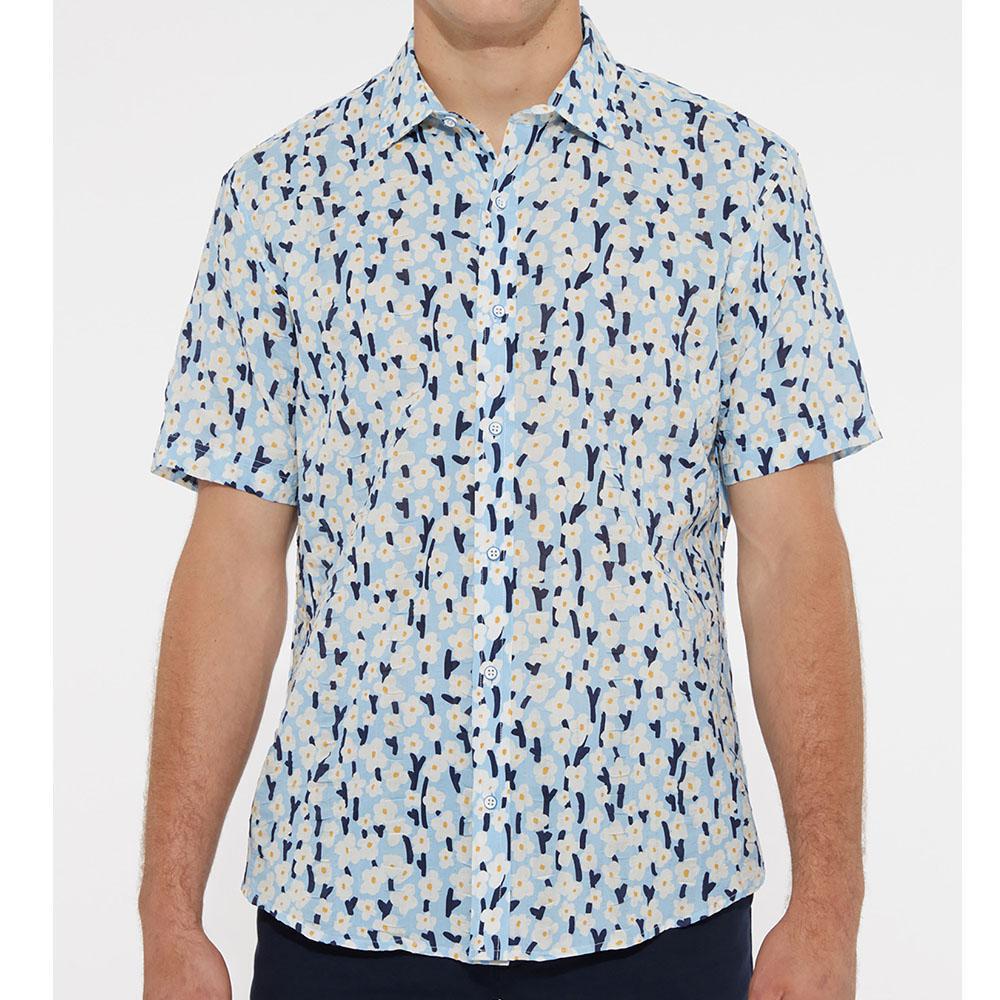 Sky/Navy Floral Cotton Seersucker Woven Short Sleeve Shirt by Postmarc (PM-14106)