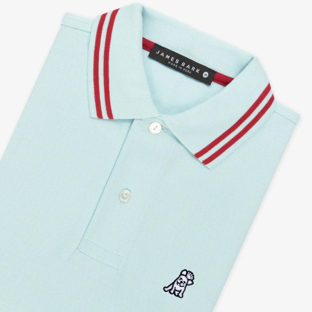 Light Blue Polo Shirt with Red Striped Collar and French Bulldog Logo by James Bark