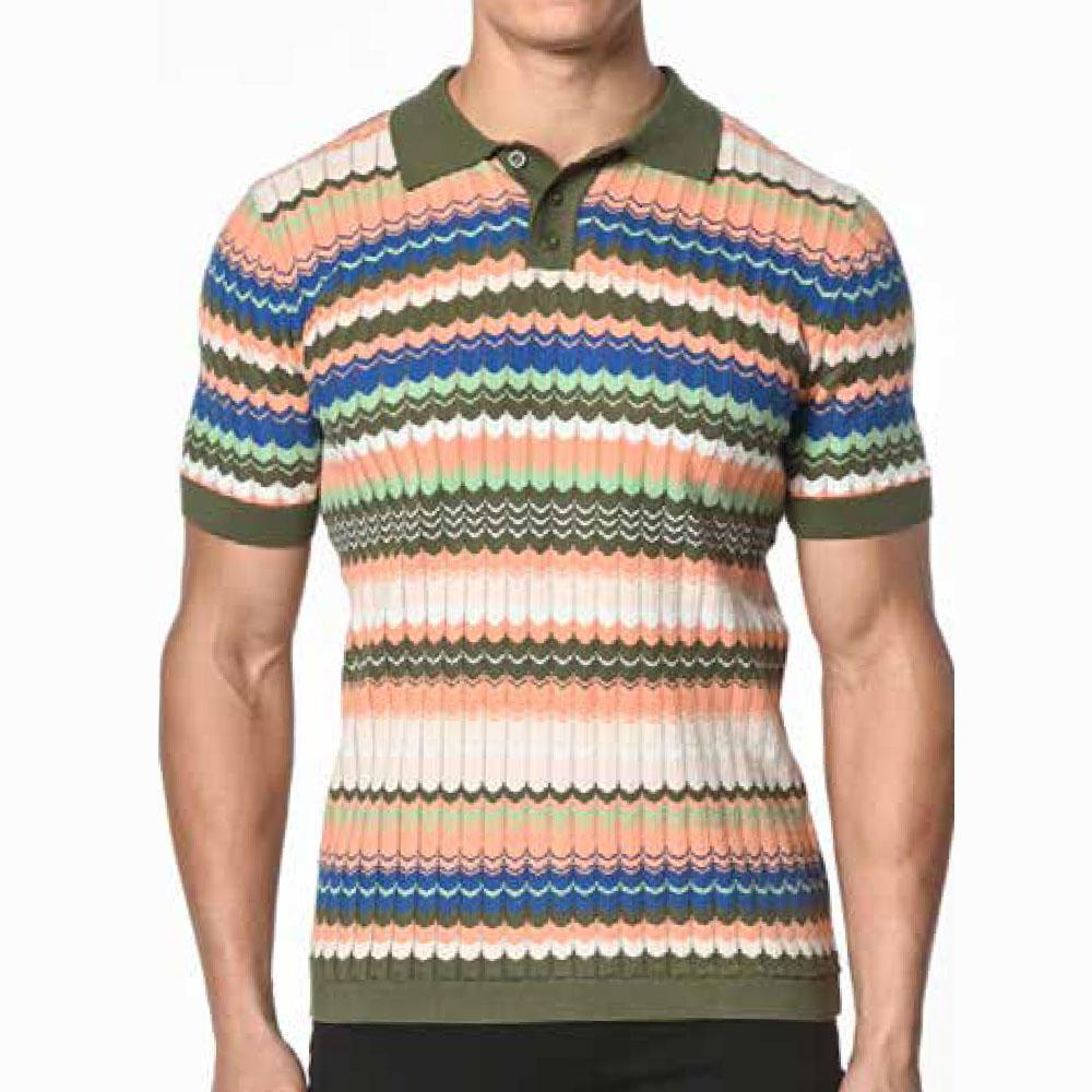 Olive/Salmon Wave Cotton Textured Knit Polo Shirt by Postmarc