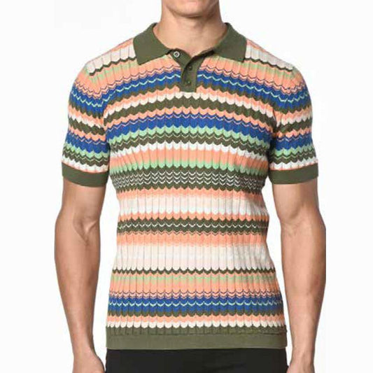 Olive/Salmon Wave Cotton Textured Knit Polo Shirt by Postmarc