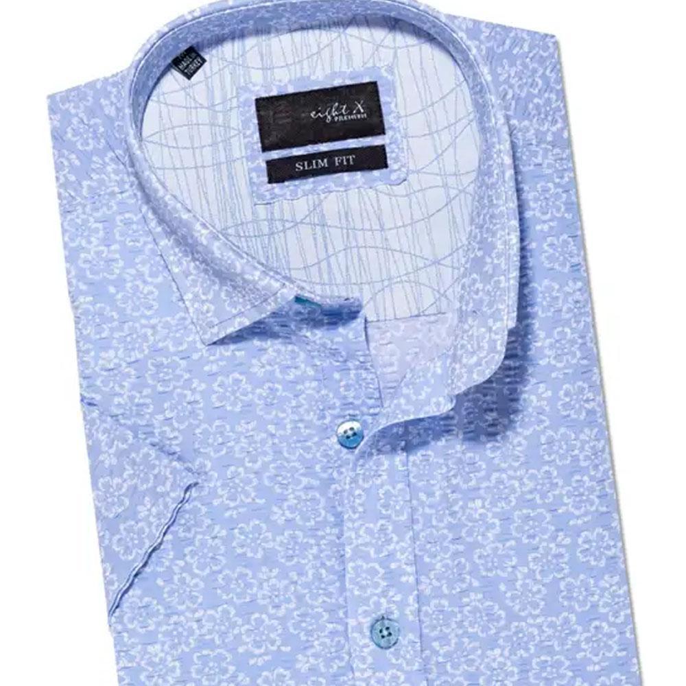Ocean Sky Blue Seersucker Short Sleeve Button Down Shirt by Eight-X