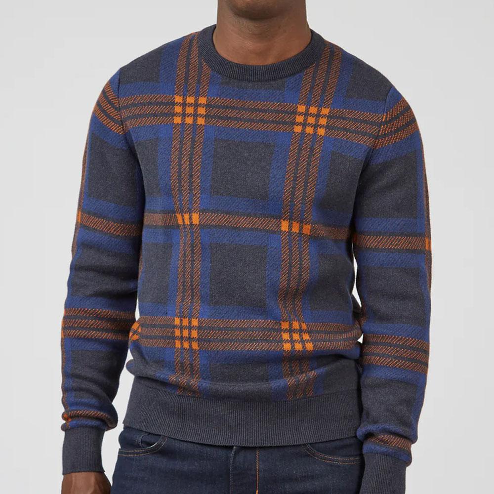 Dark Navy Jacquard Check Crewneck Sweater by Ben Sherman