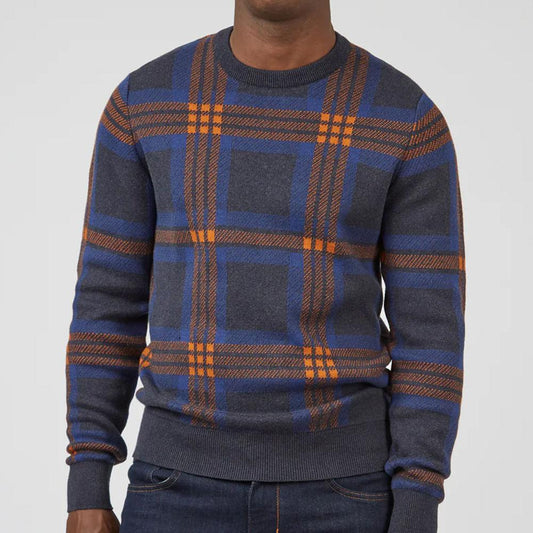 Dark Navy Jacquard Check Crewneck Sweater by Ben Sherman