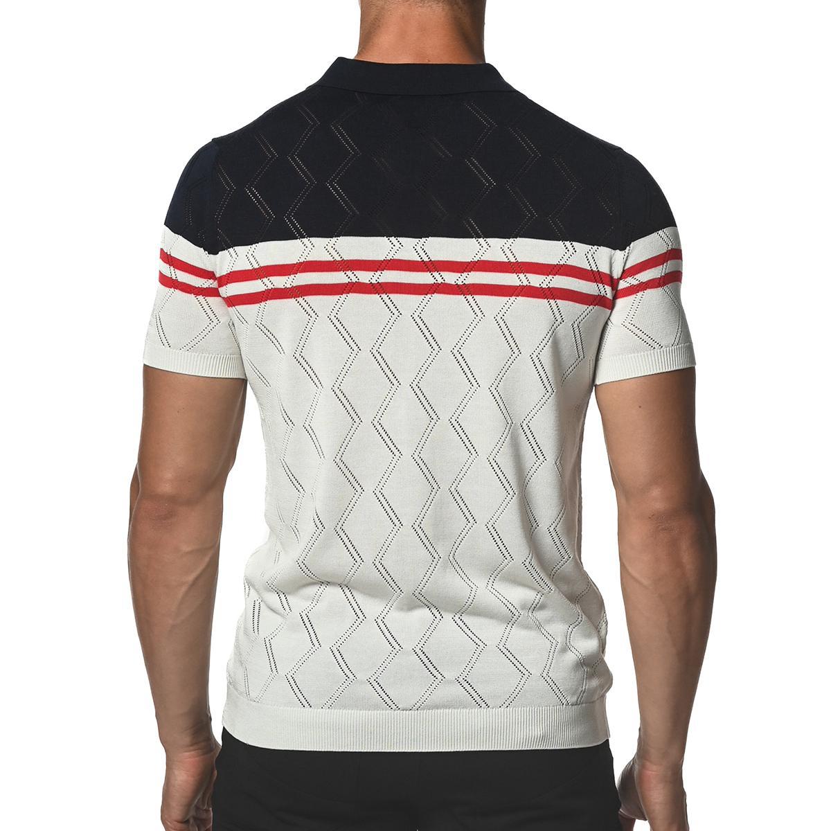 Navy/Red Zigzag Stripe Silk and Tencel Knit Polo Shirt by Postmarc