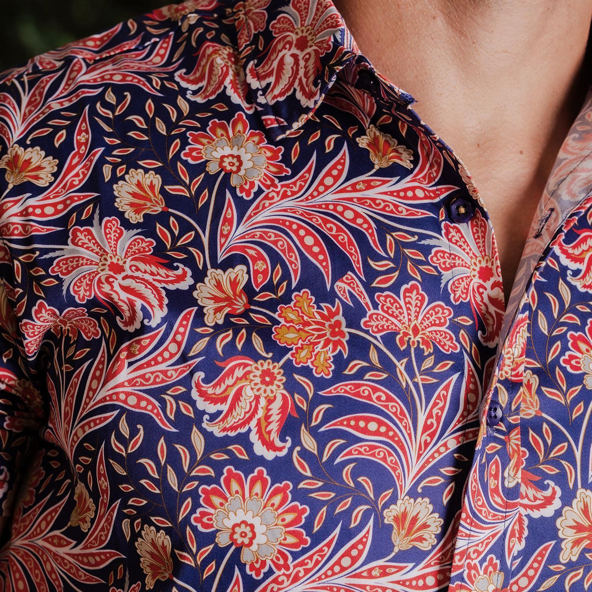Fire Flower Floral Stretch Cotton Short Sleeve Button Down Shirt