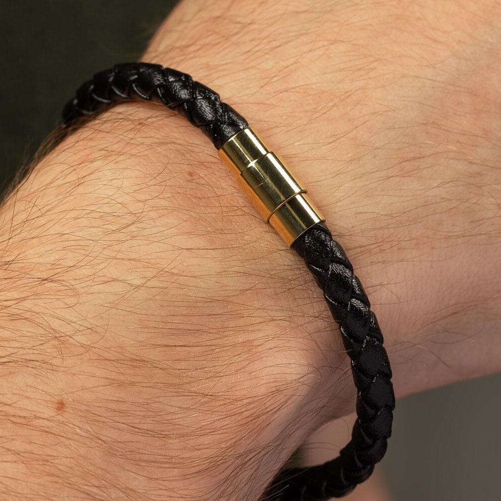 3MM 8" Plain Black Leather Bracelet by Gold Gods